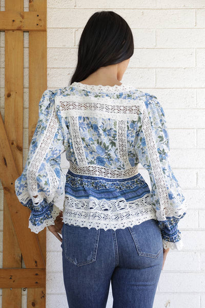 C2D82-W936 LACE TRIM TIE FRONT LONG SLEEVE BLOUSE