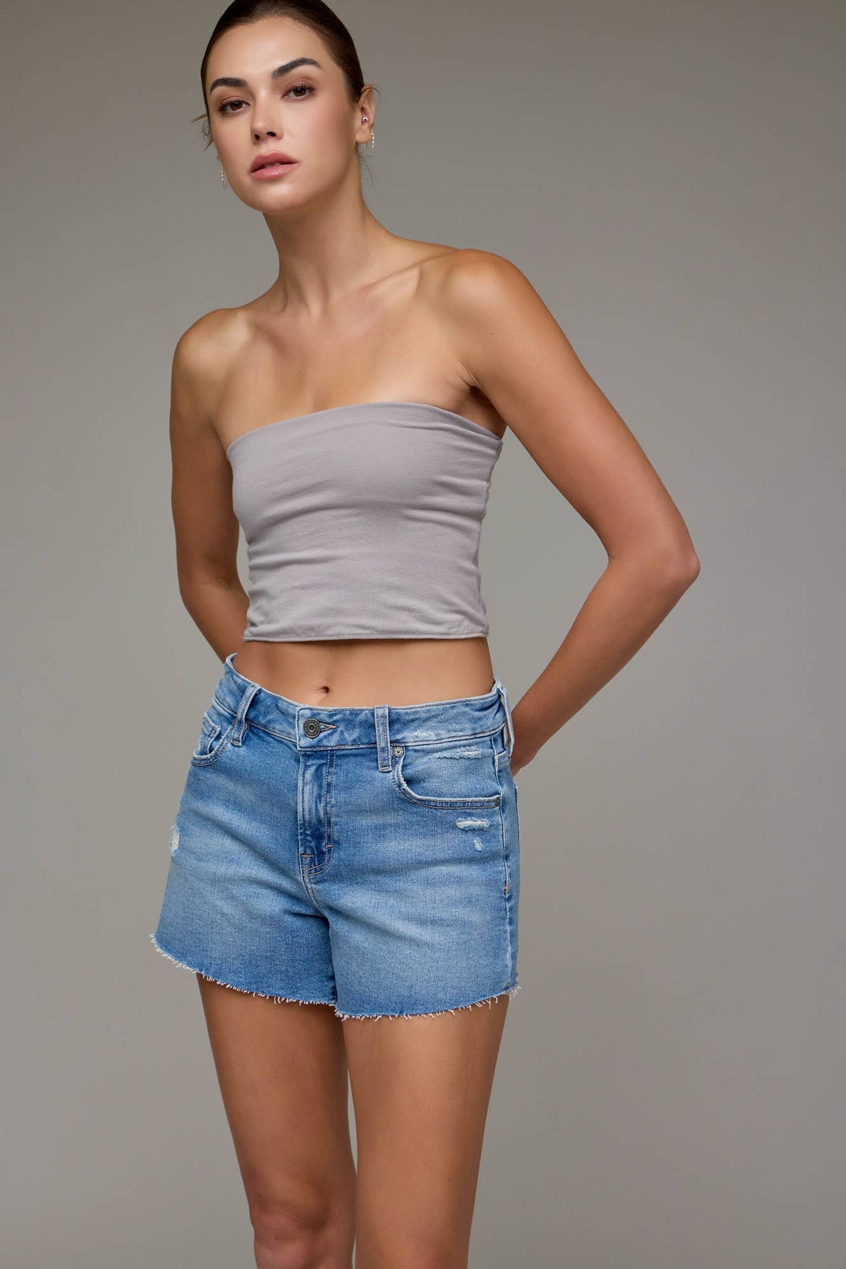 Medium Wash Mid Rise Stretch 4" Inseam Shorts