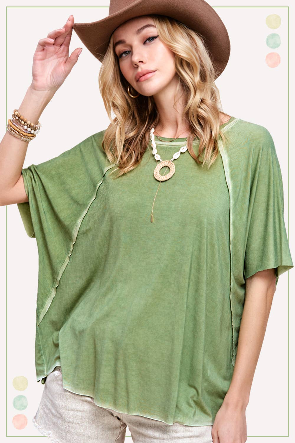 HBT7653-Dyed Fabric Round Neck Batwing Short Sleeve Top