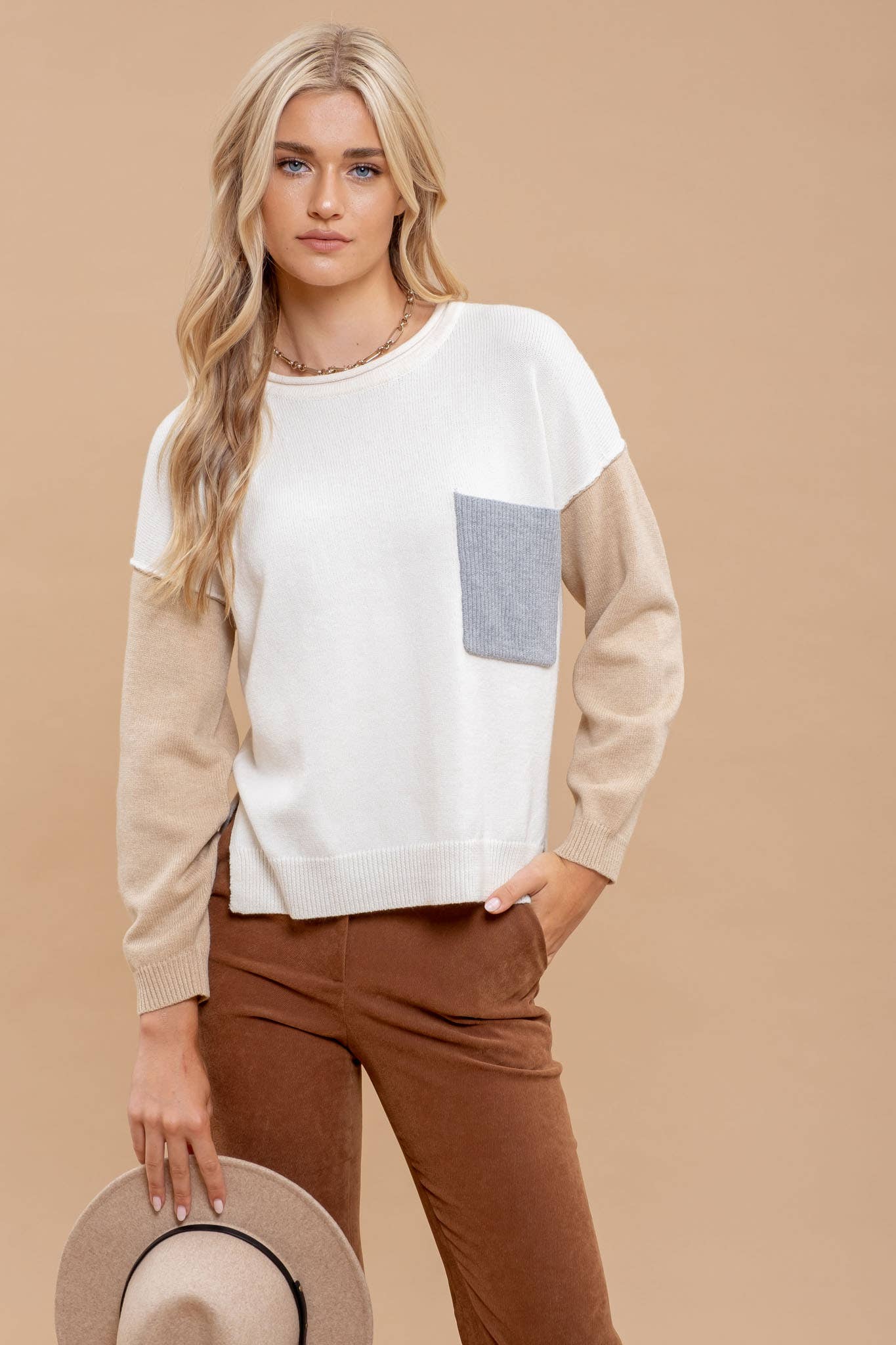 COLORBLOCK RAW EDGE LONG SLEEVE KNIT SWEATER
