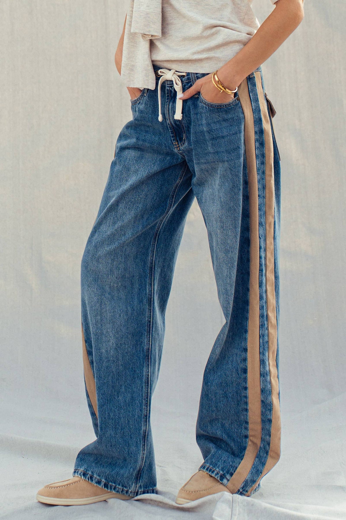 Wide-Leg Utility Stripe Denim Jeans