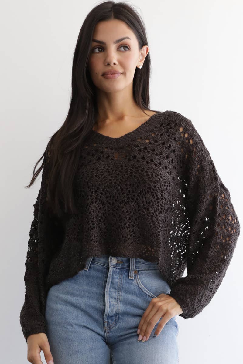 OPEN KNIT V NECK PULLOVER SWEATER