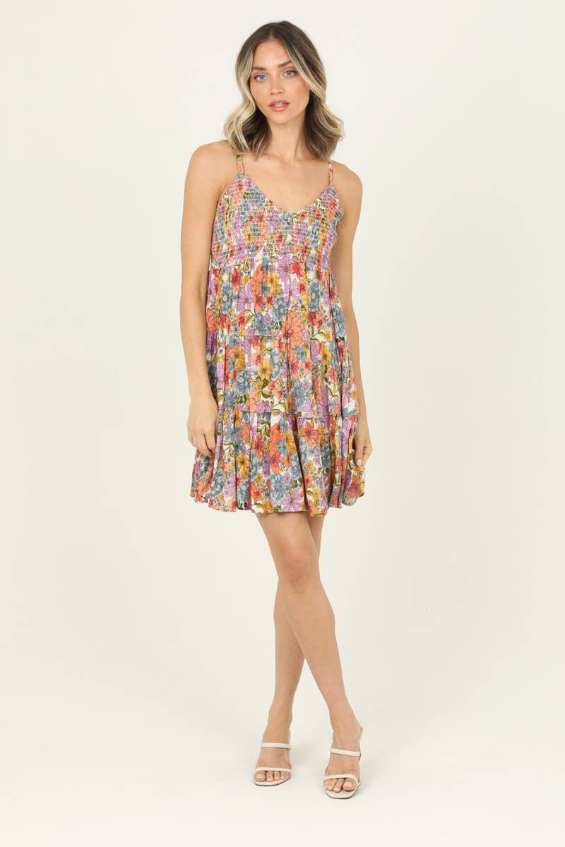 V NECK SMOCKED BUST TIERED SUNDRESS