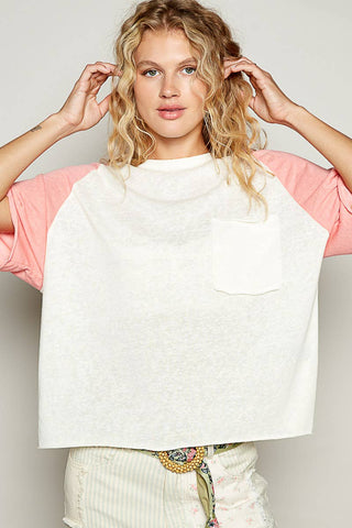 Round neck short sleeve contrast knit top