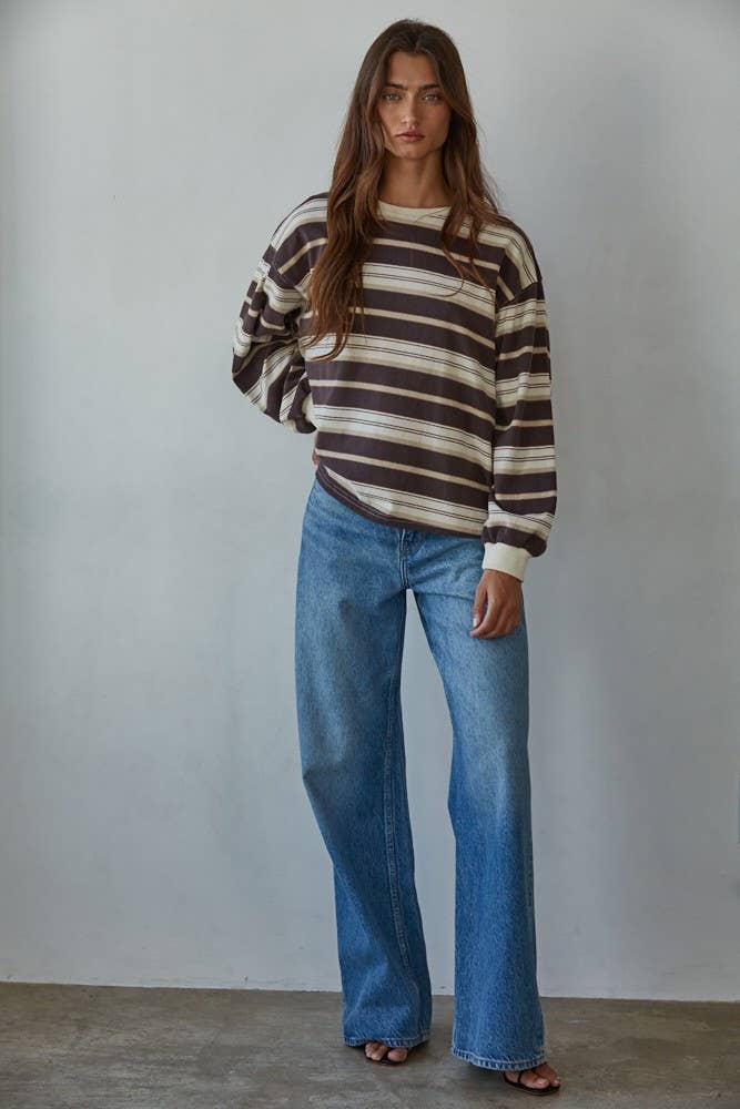 L8608 | Knit Cotton Multi Striped Crew Neck Long Sleeve Top