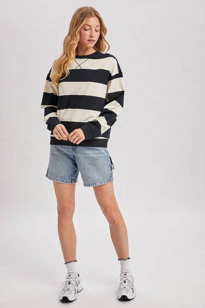 STRIPED BOXY CREW NECK KNIT SWEATSHIRT