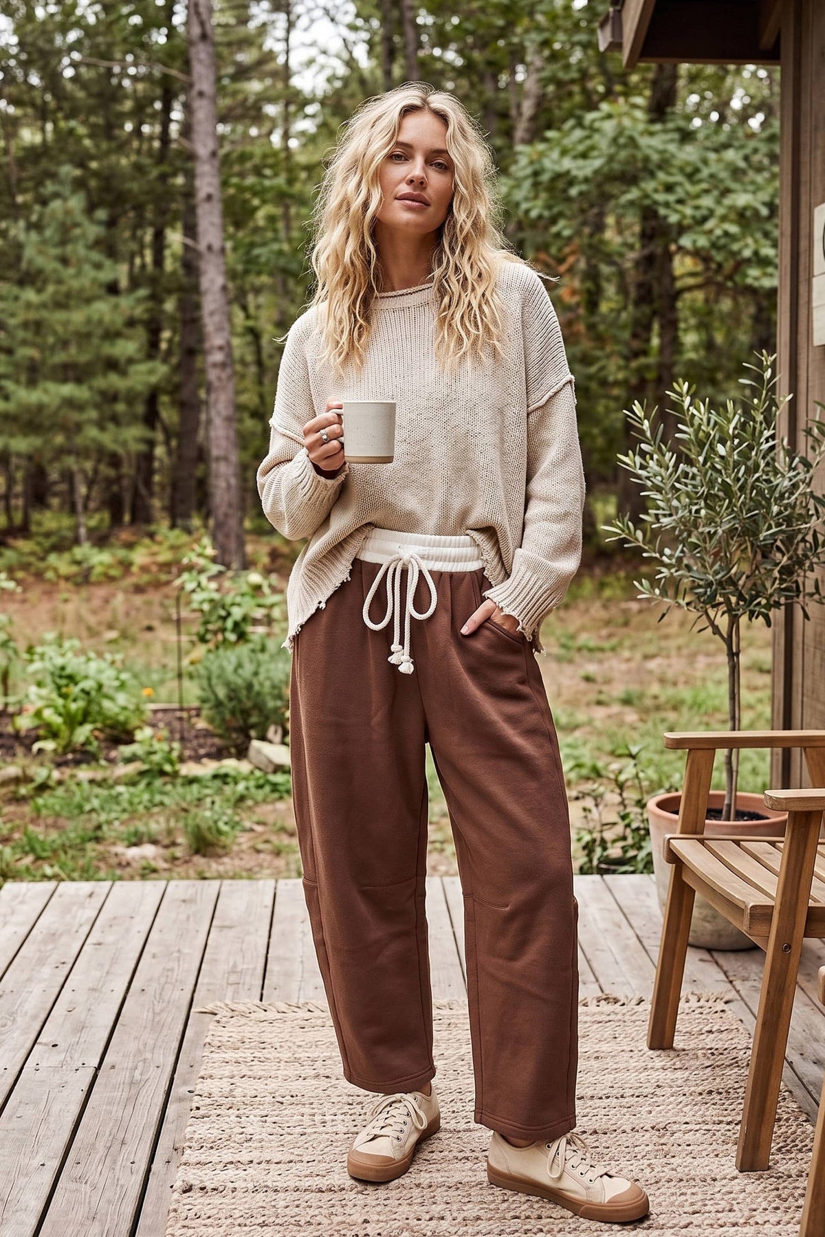 Fleece-Lined Oversized Barrel Leg Drawstring Pants