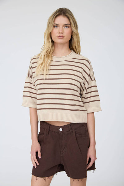 STRIPE RAW EDGE DROP SHOULDER SHORT SLEEVE SWEATER