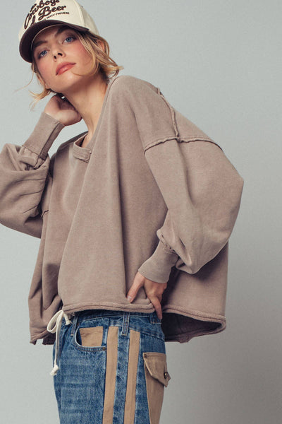 Raw Edge V-Neck Oversized Sweatshirt