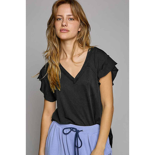 V-neck ruffle short sleeve solid basic cotton top