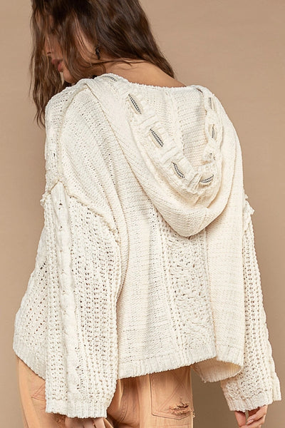 Oversize fit v-neck hooded cable knit chenille sweater