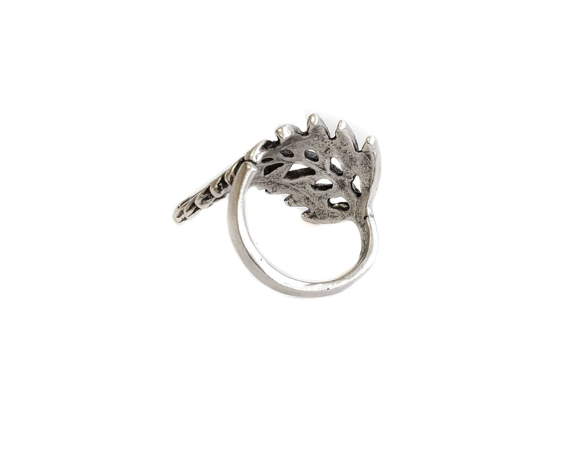 Handmade Leaf Brass Ring In Silver Plated - ZRC-014