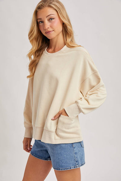 WASHED OVERSIZE KNIT SWEATSHIRT WITH POCKETS