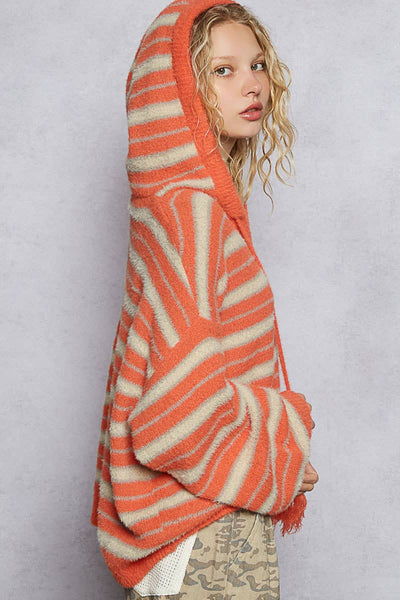 V-neck long sleeve striped hoodie mohair sweater top