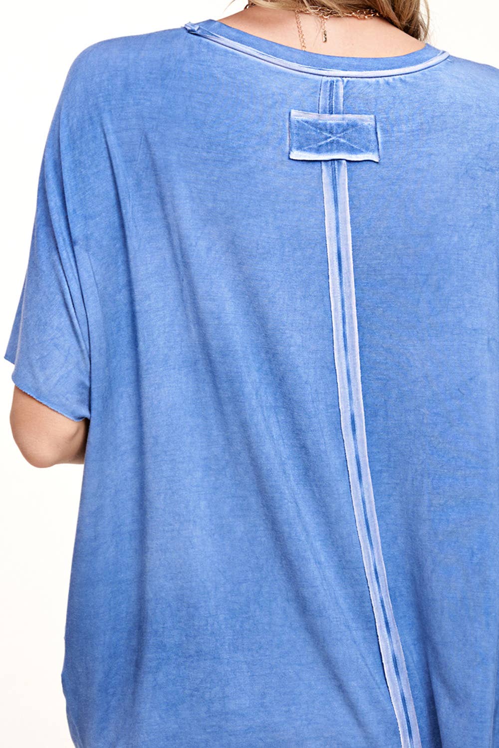HBT7653-Dyed Fabric Round Neck Batwing Short Sleeve Top