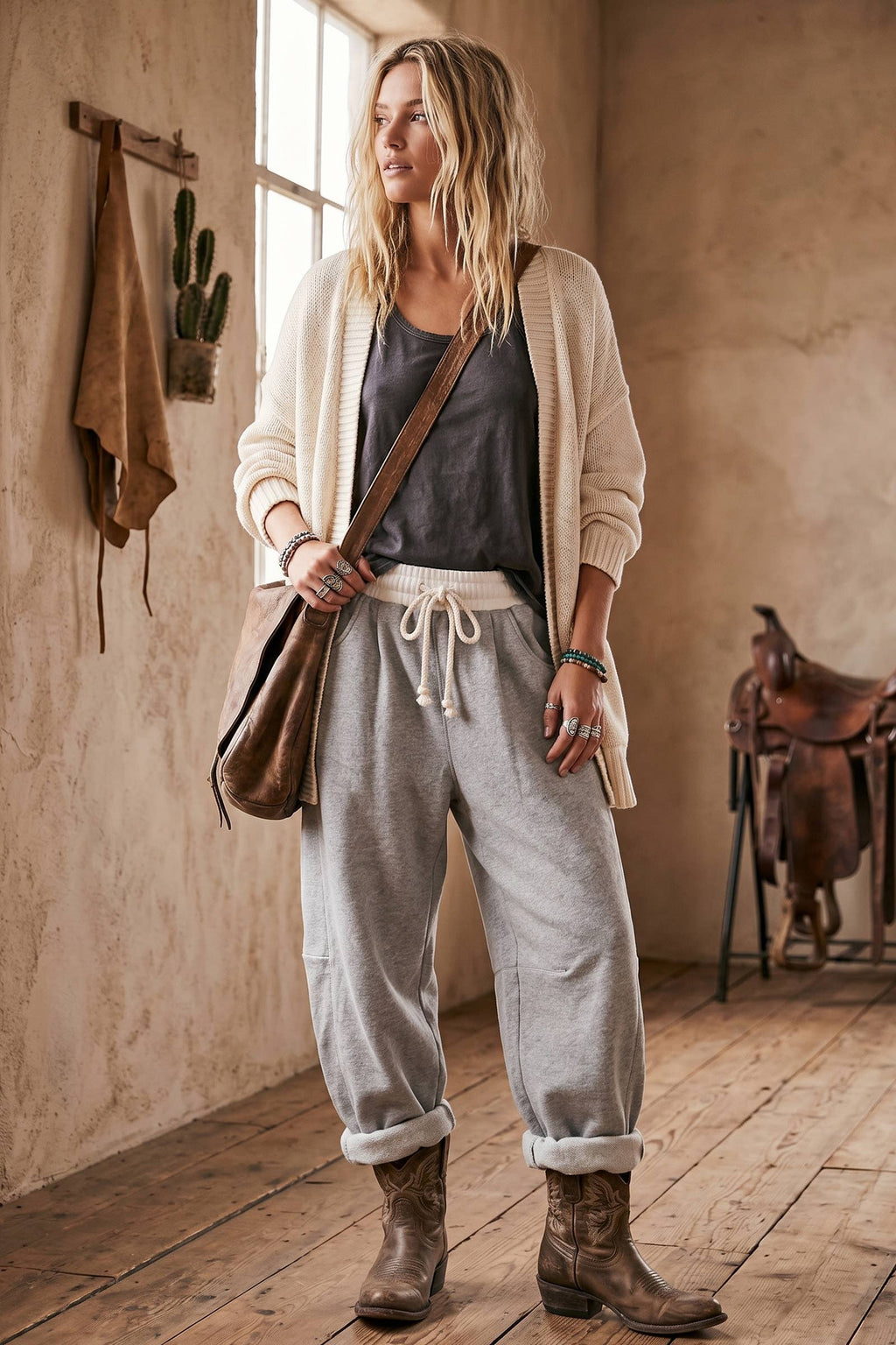 Fleece-Lined Oversized Barrel Leg Drawstring Pants