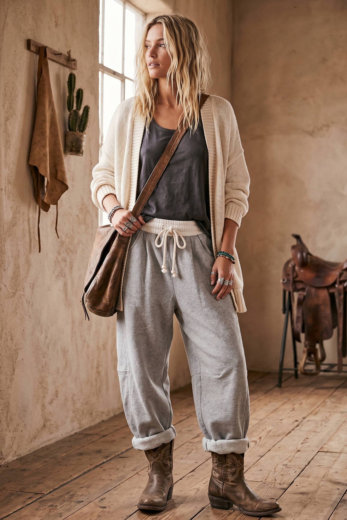 Fleece-Lined Oversized Barrel Leg Drawstring Pants