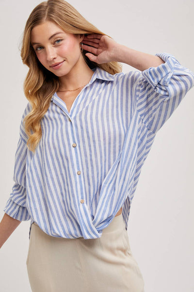 STRIPED BUTTON DOWN KNOTTED FRONT SHIRT
