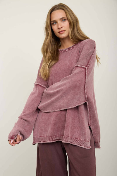 WASHED RAW EDGE CREW NECK DROP SLEEVE SWEATER