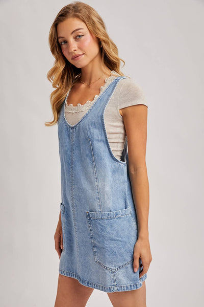 DENIM WASHED OVERALL POCKET DRESS