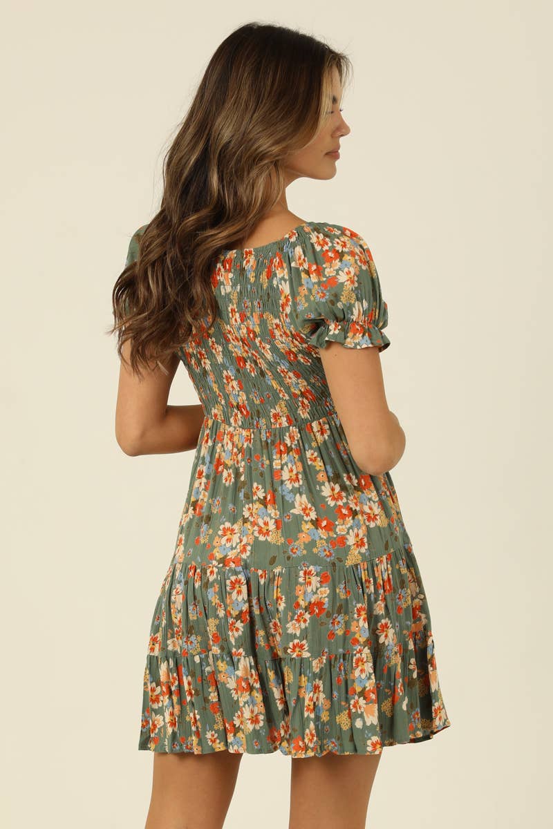 SMOCKED BODICE SHORT SLEEVE DRESS