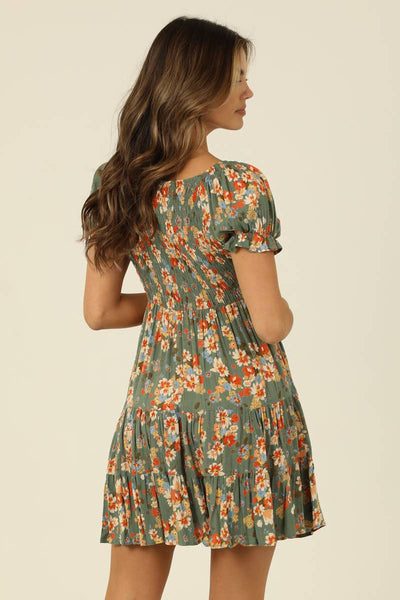SMOCKED BODICE SHORT SLEEVE DRESS