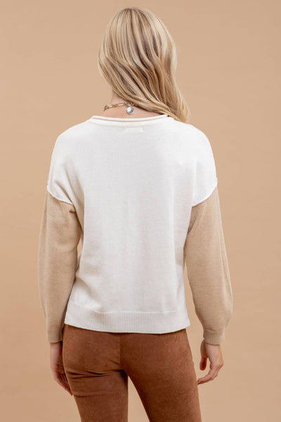 COLORBLOCK RAW EDGE LONG SLEEVE KNIT SWEATER