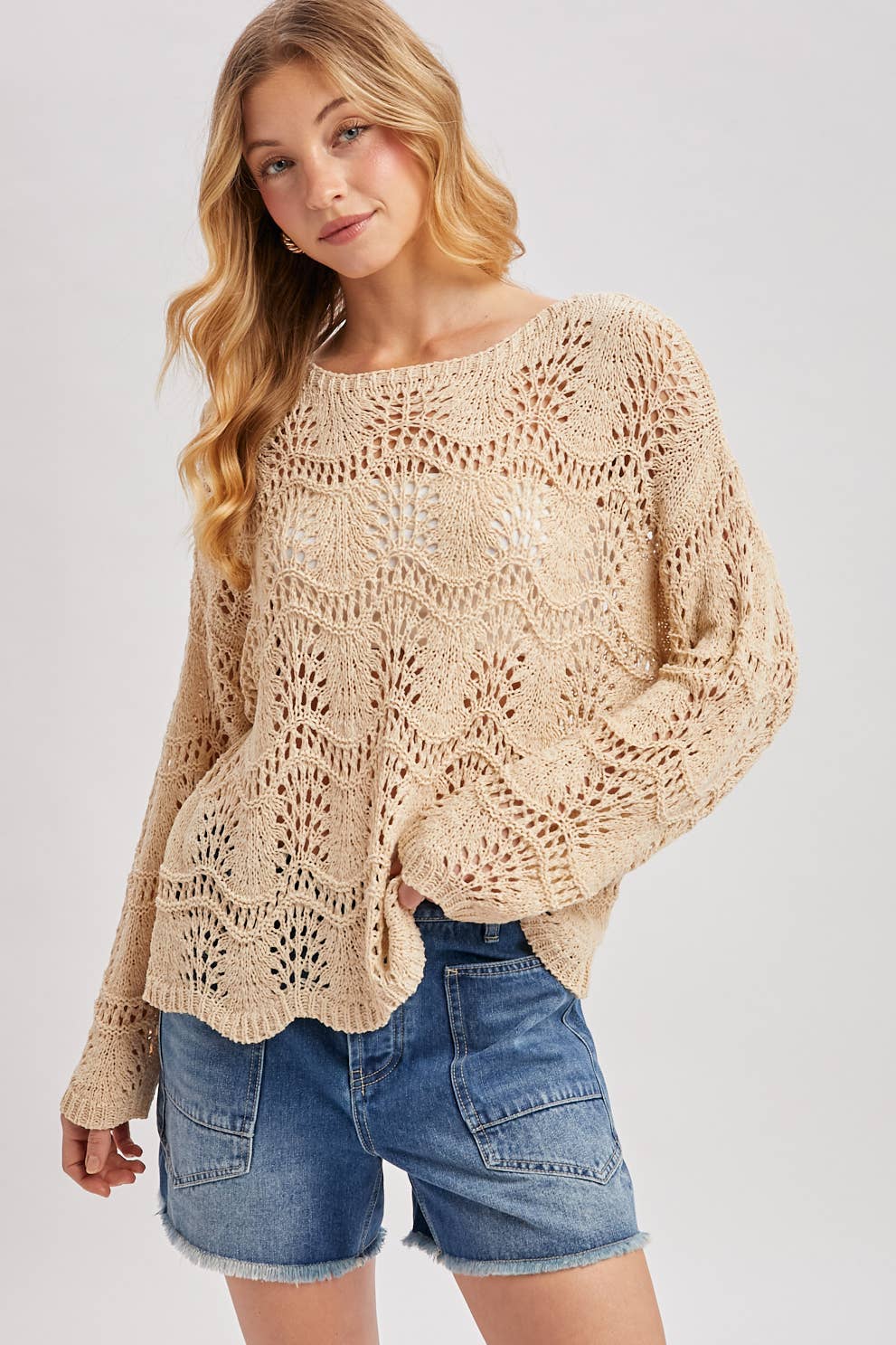 BOAT NECK SCALLOPED HEM OPEN KNIT SWEATER