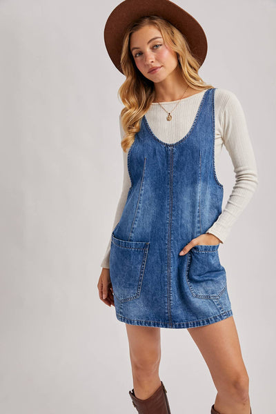 DENIM WASHED OVERALL POCKET DRESS