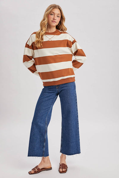 STRIPED BOXY CREW NECK KNIT SWEATSHIRT