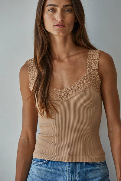 S1217N | Knit Seamless Ribbed Tank Top with Lace Trim