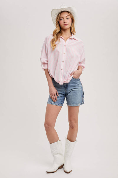 STRIPED BUTTON DOWN KNOTTED FRONT SHIRT