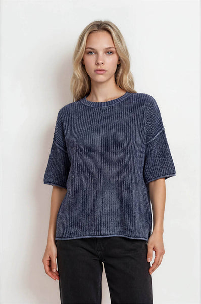 WASHED CREW NECK RAW EDGE SHORT SLEEVE SWEATER