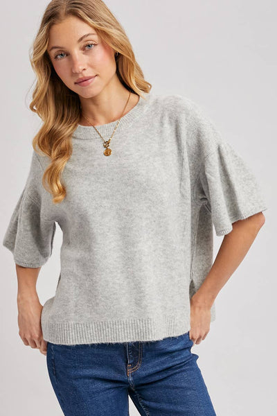 GATHERED SHORT SLEEVE BOXY KNIT SWEATER TOP