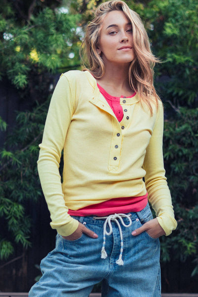 Ribbed Henley Long Sleeve Top