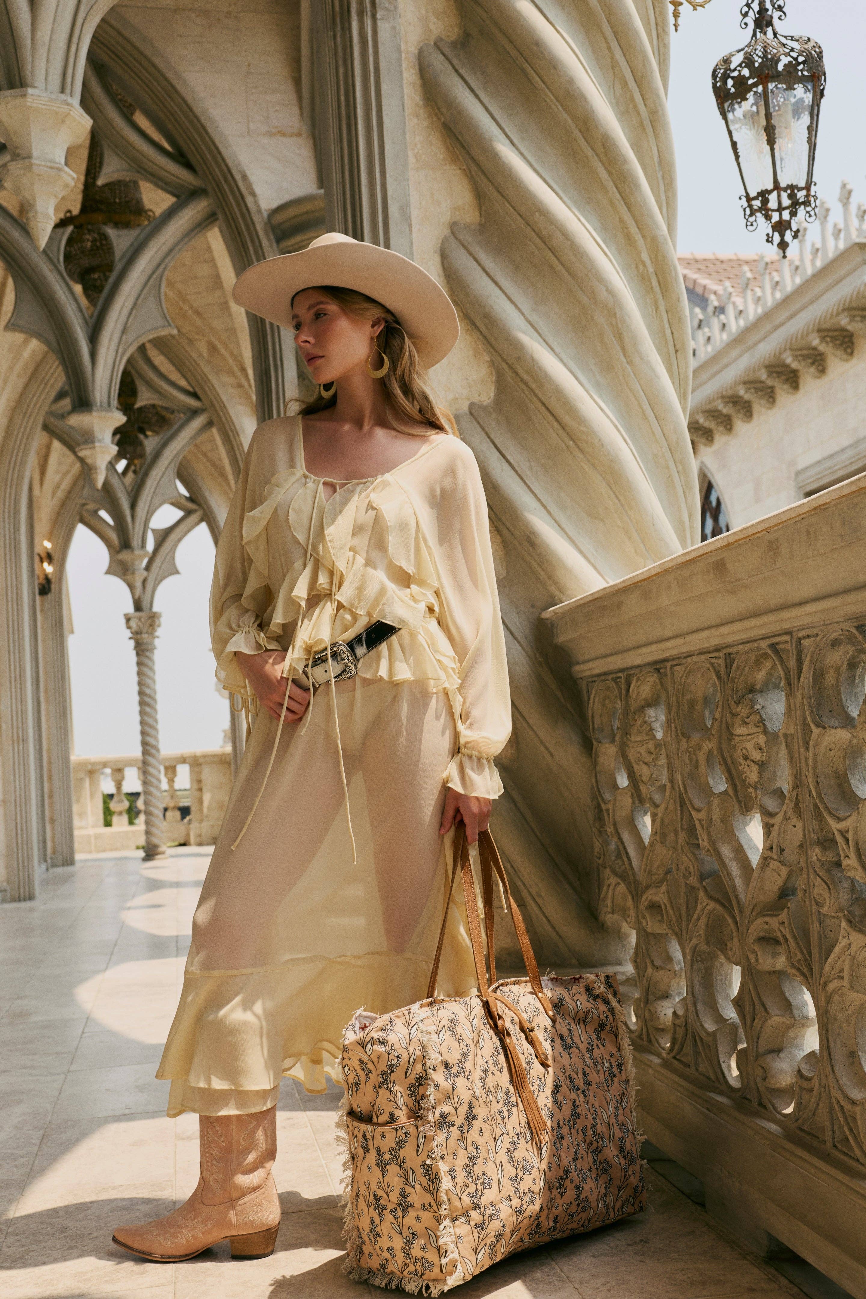 Brookside Cotton & Leather Weekender Bag in Warm Tan