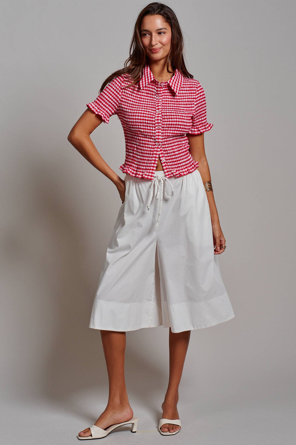 All-Over Smocked Gingham Button-Up Shirt