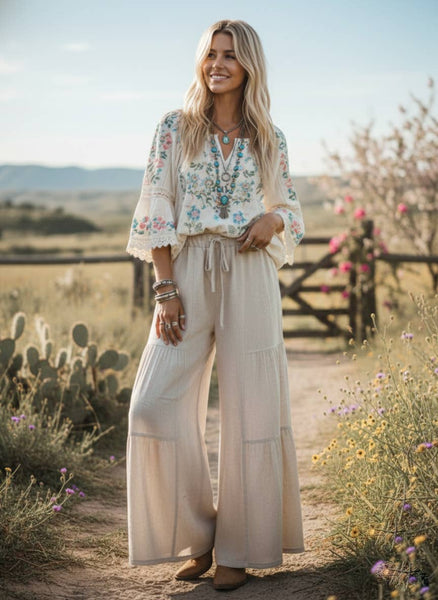 Linen Blend Tiered Wide Leg Palazzo Full Length Pants