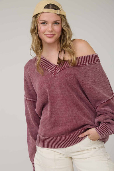 WASHED V NECK LONG SLEEVE OVERSIZED KNIT SWEATER