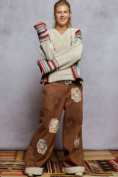 V neck striped pattern pocket detail chenille hoodie sweater