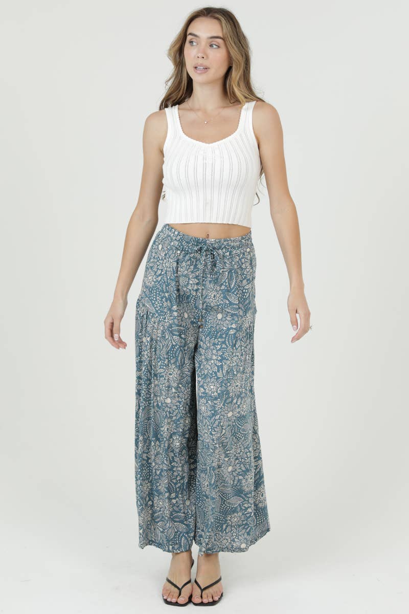 B3726-A982 PRINTED WIDE LEG PANTS WITH ELASTIC DRAWSTRING WA