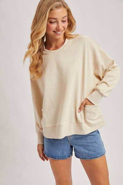 WASHED OVERSIZE KNIT SWEATSHIRT WITH POCKETS