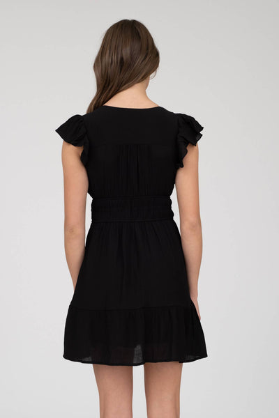 V NECK SHORT SLEEVE RUFFLE DETAIL SHIRRED MINI DRE