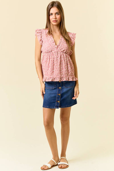 PUFFY FLORAL RUFFLED V-NECKLINE BABYDOLL TOP - 45098T