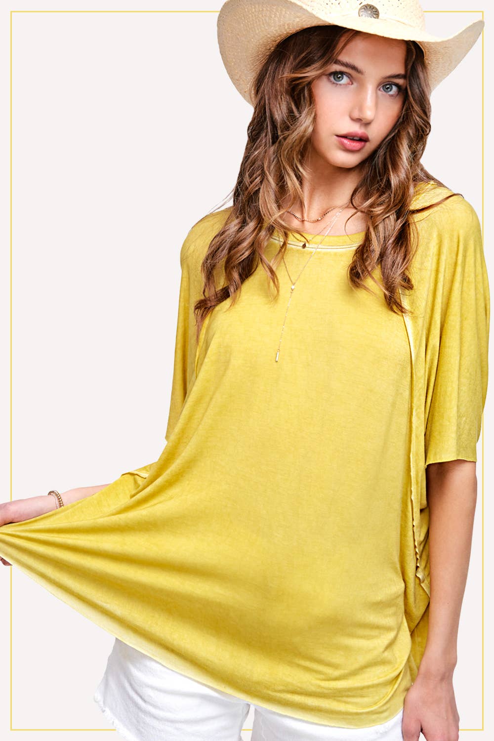 HBT7653-Dyed Fabric Round Neck Batwing Short Sleeve Top