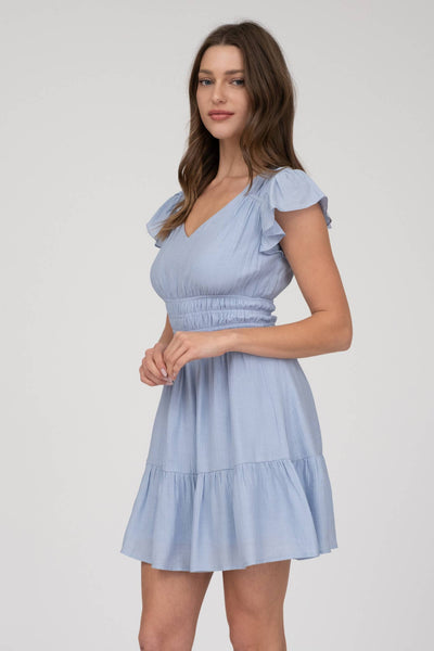 V NECK SHORT SLEEVE RUFFLE DETAIL SHIRRED MINI DRE