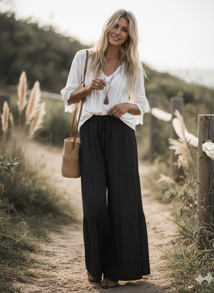 Linen Blend Tiered Wide Leg Palazzo Full Length Pants