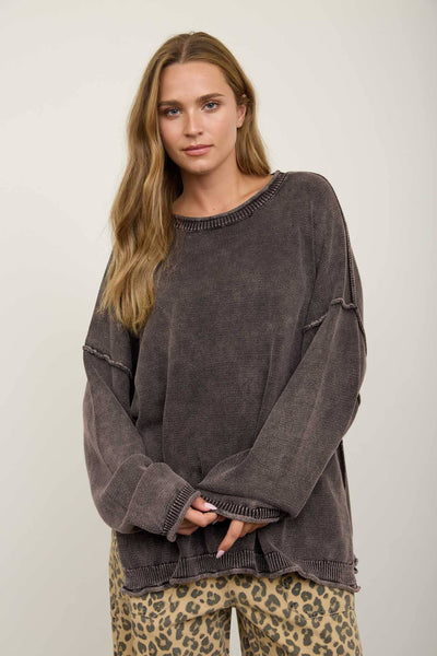WASHED RAW EDGE CREW NECK DROP SLEEVE SWEATER
