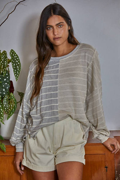 RJ2577 | Knit Cotton Ribbed Striped Half Contrast Top