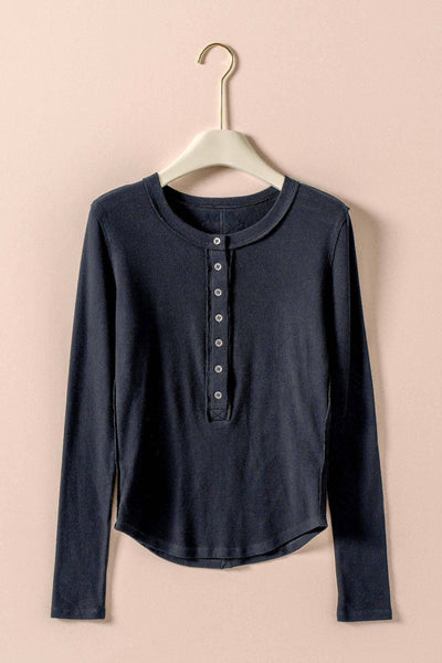 Ribbed Henley Long Sleeve Top